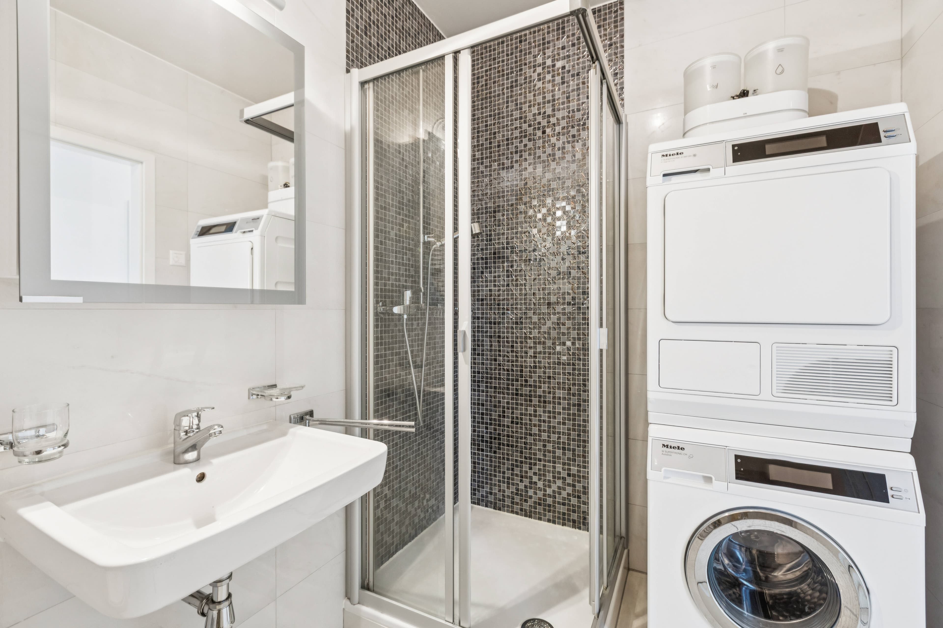 Une salle de douche avec espace buanderie