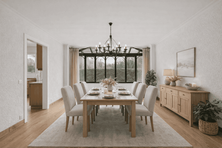 Das geräumige Esszimmer mit seiner beheizten Veranda in Reih und Glied (3D-Einrichtungsvorschlag)
